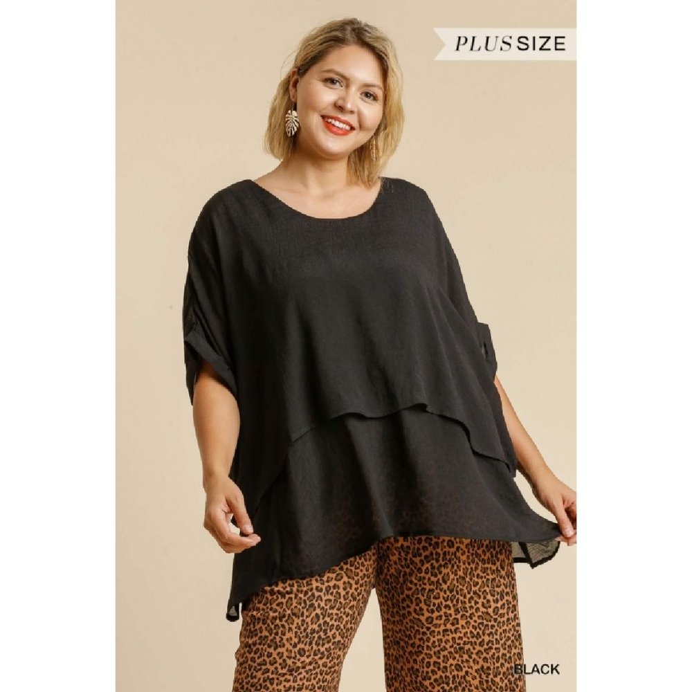 NWT Umgee Plus Black Cuffed Half Sleeve Layered Flowy Tunic Top
